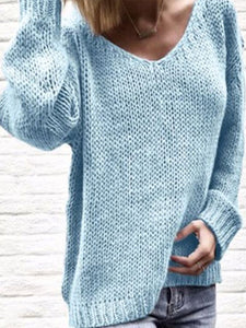 V Neck Long Sleeve Plain Knitting Casual Sweaters