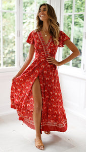 Big Pendulum V-Neck Beach Holiday Tie Printing Vacation Maxi Dress