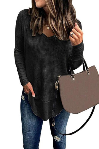 Casual Solid Color V-Neck Stitching Loose Long-Sleeved T-Shirt