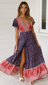 Big Pendulum V-Neck Beach Holiday Tie Printing Vacation Maxi Dress