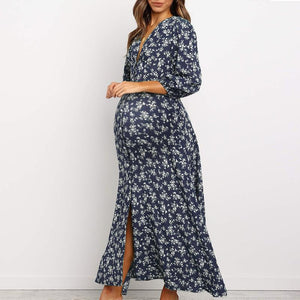 Maternity Casual Printed V-Neck Long-Sleeved High Waist Chiffon Dress