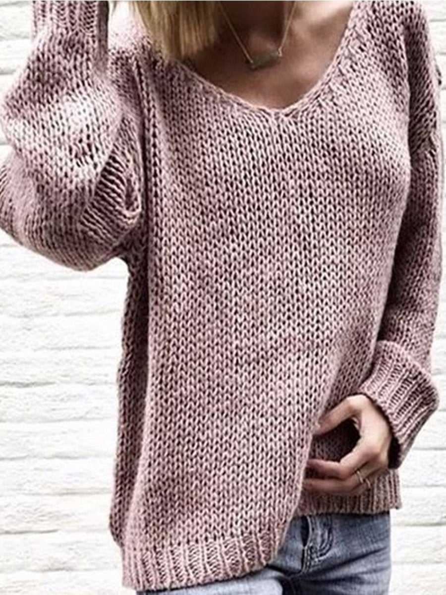 V Neck Long Sleeve Plain Knitting Casual Sweaters