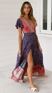 Big Pendulum V-Neck Beach Holiday Tie Printing Vacation Maxi Dress