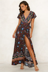 Big Pendulum V-Neck Beach Holiday Tie Printing Vacation Maxi Dress