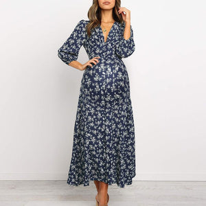 Maternity Casual Printed V-Neck Long-Sleeved High Waist Chiffon Dress