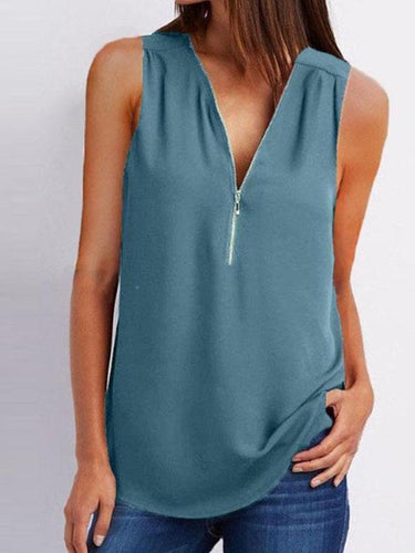 V Neck  Zipper  Plain  Vests Shirt