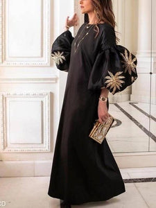 Round Collar Loose Bubble Sleeve Printing Maxi Dress