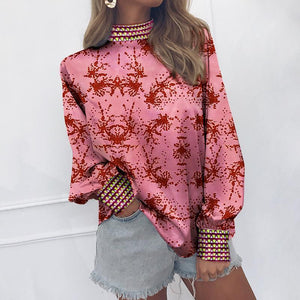 Fashion Vertical   Collar Long-Sleeved Print Matching Blouse