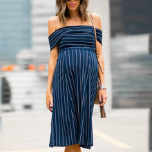 Load image into Gallery viewer, Maternity Stripe Off Shoulder Knee-Length Dress