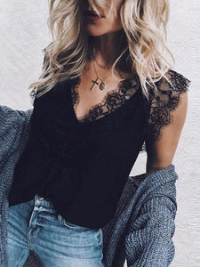 Deep V Neck  Patchwork  Lace Plain T-Shirts