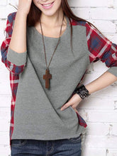 Load image into Gallery viewer, Round Neck Plaid High-Low Long Sleeve T-Shirt