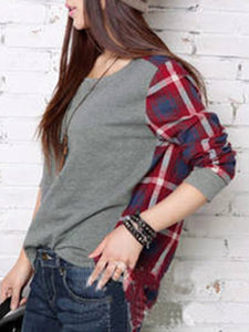 Round Neck Plaid High-Low Long Sleeve T-Shirt