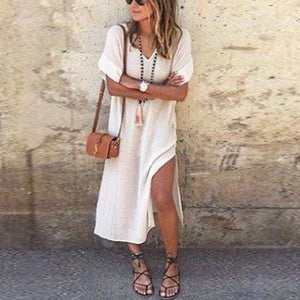 V Neck  Side Slit  Plain Casual Dresses