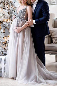 Maternity V-Neck Maxi Tulle Gown With Tonal Delicate Sequins