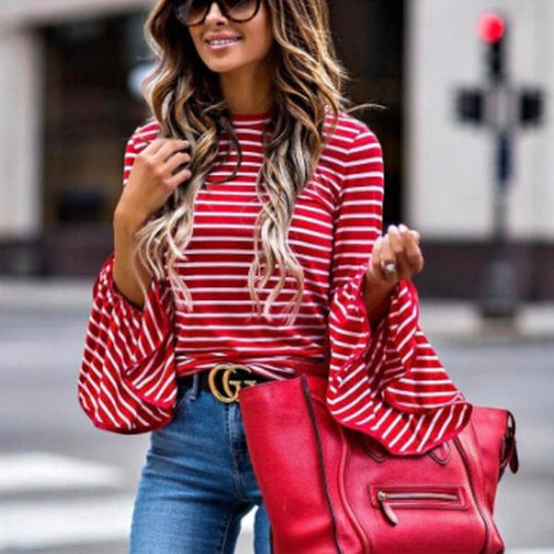 Round Neck  Striped  Bell Sleeve T-Shirts