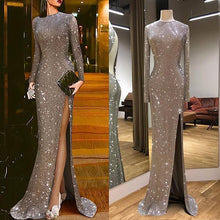 Load image into Gallery viewer, Elegant Silver Split Sexy Round Neck Evening Dress