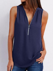 V Neck  Zipper  Plain  Vests Shirt