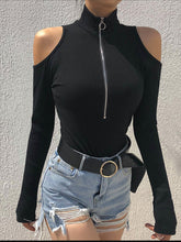 Load image into Gallery viewer, Zip-Length Collar Long-Sleeved Off-The-Shoulder Black Knit T-Shirt